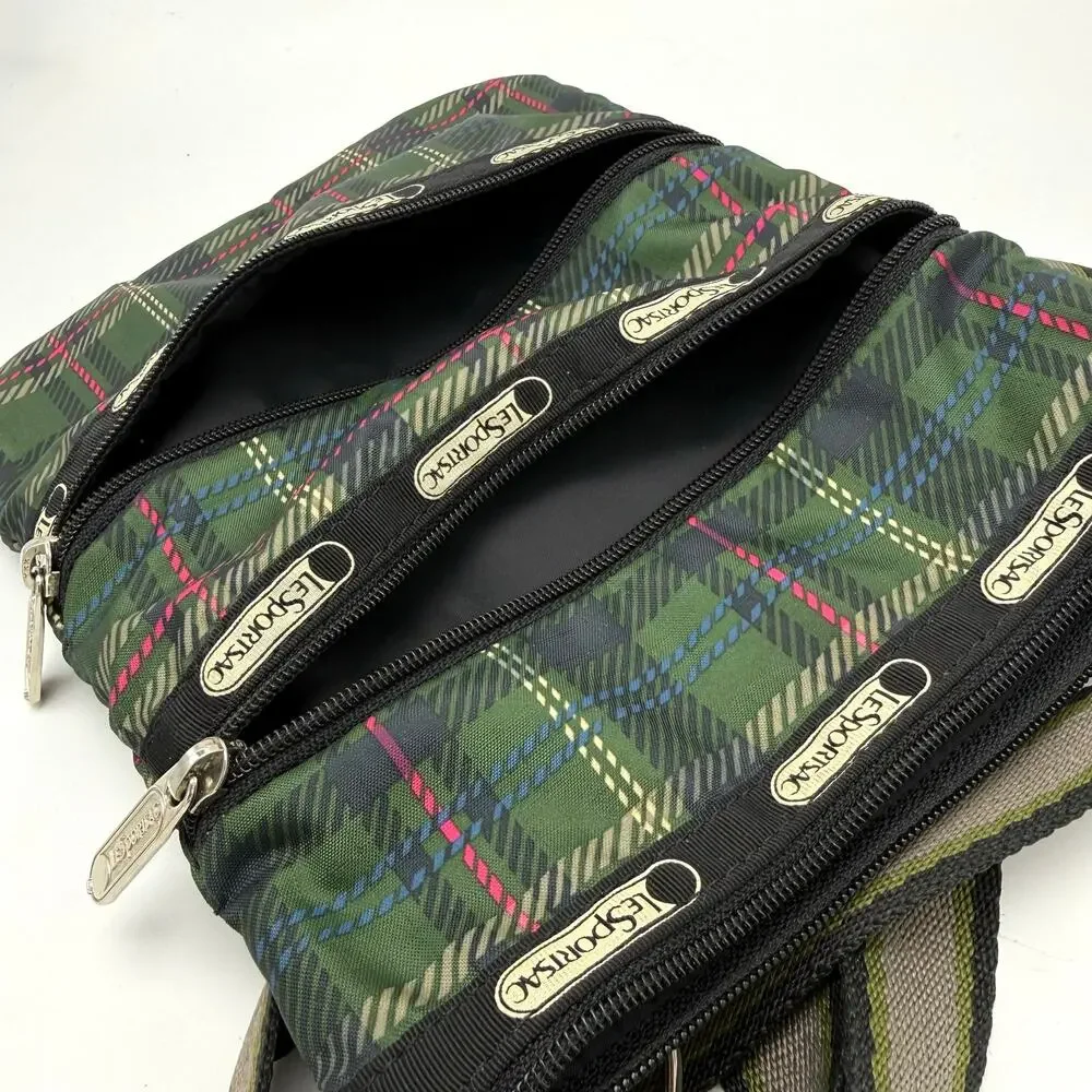 LeSportsac Green Plaid 3 Zip Crossbody Shoulder Bag Purse 7.5x9.5 Classic Casual
